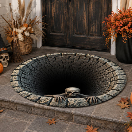 Halloween Round Rug Skull Haunted Well 3D Illusion Doormat