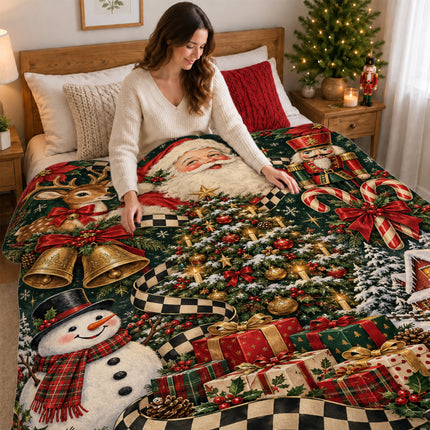 Vintage Santa Christmas Fleece Blanket Nutcracker Reindeer Snowman