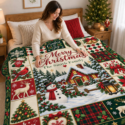Personalized Family Christmas Fleece Blanket Snowman Winter Cottage