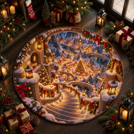 Christmas Village Round Rug Snowy Stairway Holiday Doormat