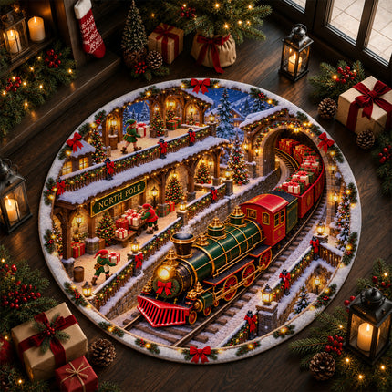 North Pole Christmas Train Round Rug Holiday Gift Express Doormat