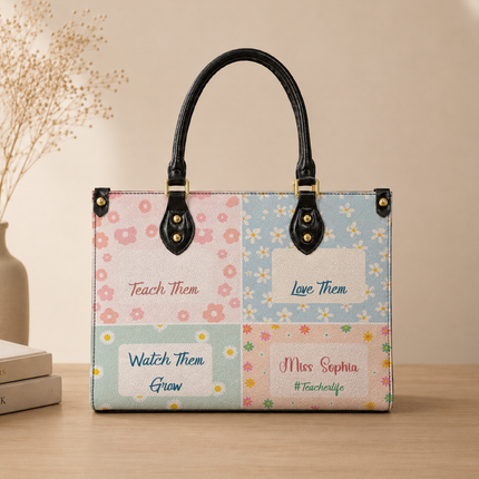 Personalized Teacher Leather Handbag Pastel Floral Color Block