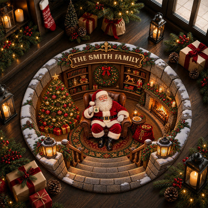 Personalized Santa Christmas Round Doormat Cozy Fireplace Family Name Rug