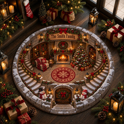 Personalized Christmas Round Doormat Cozy Fireplace Snowman Family Name Rug