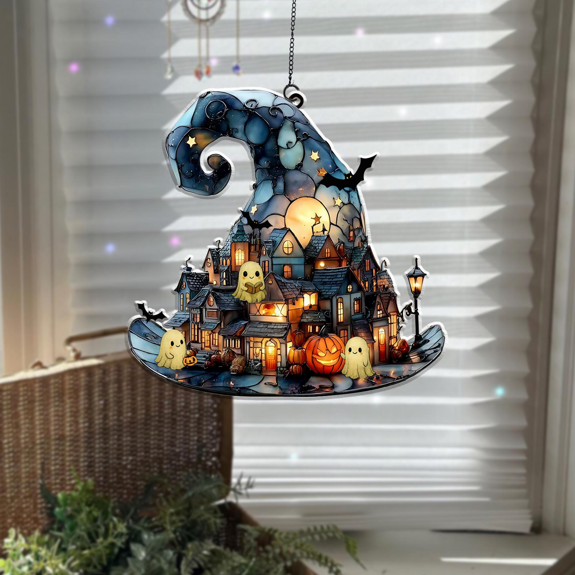 Witch Hat Village Acrylic Suncatcher, Halloween Town Faux Stained Glass Window Hanging,Spooky Home Decor For Halloween,Cute Ghost Suncatcher