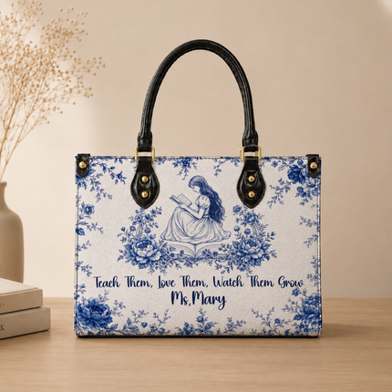 Personalized Teacher Leather Handbag Blue Floral Vintage Reading