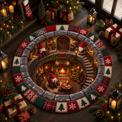 Christmas Round Doormat with Cozy Gnome Fireplace