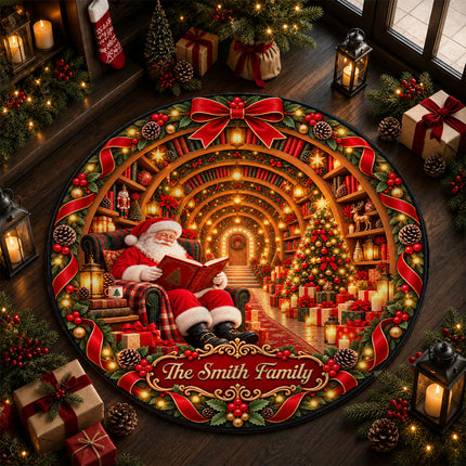 Personalized Christmas Doormat Santa Reading Family Name Round Rug