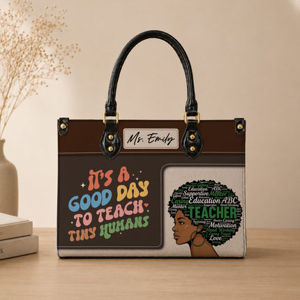 Personalized Teacher Leather Handbag Afro Word Art Tiny Humans