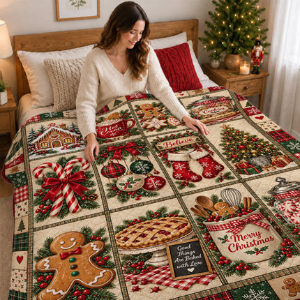 Christmas Gingerbread Patchwork Fleece Blanket Cozy Cocoa and Cookies
