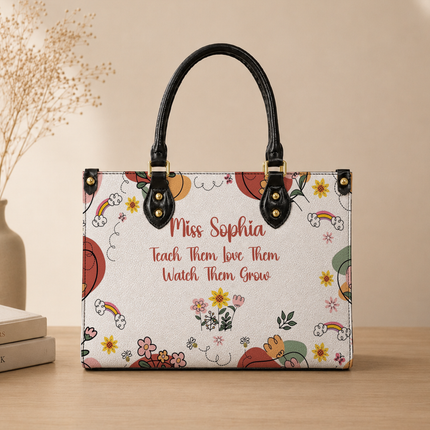 Personalized Teacher Leather Handbag Boho Floral Teach Love Grow