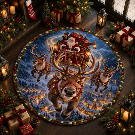 Santa Reindeer Christmas Round Rug Flying Sleigh Holiday Doormat