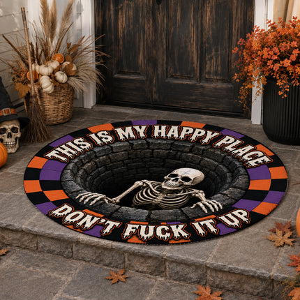 Halloween Round Rug Skeleton Happy Place Funny Doormat
