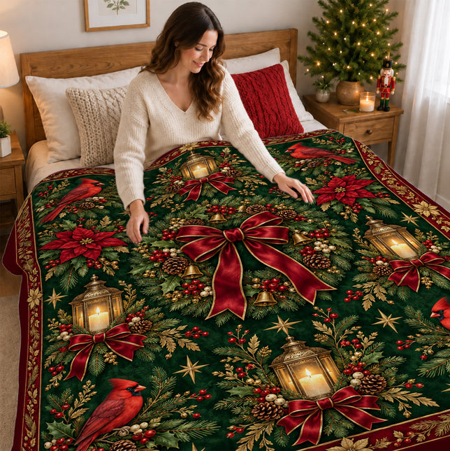 Christmas Fleece Blanket with Cardinal Lantern Wreath