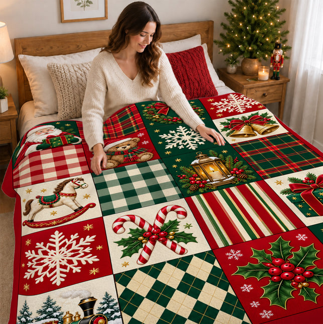 Christmas Patchwork Fleece Blanket Vintage Santa Teddy Bear Plaid Holiday Throw