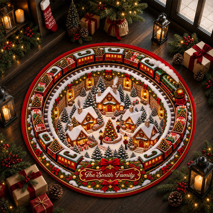 Personalized Christmas Doormat Train Village Family Name Round Rug