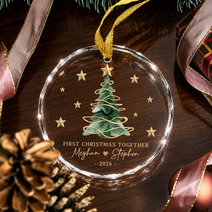 Personalized First Christmas Together Gold Christmas Tree Glass Ornament