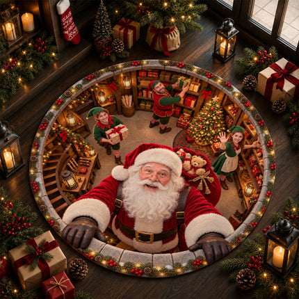 Santa's Workshop Christmas Round Rug North Pole Elves Doormat
