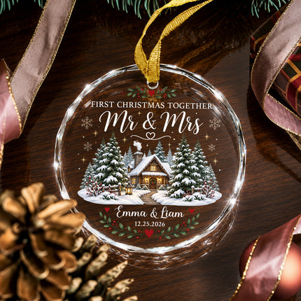 Personalized First Christmas Together Snowy Cabin Couple Glass Ornament