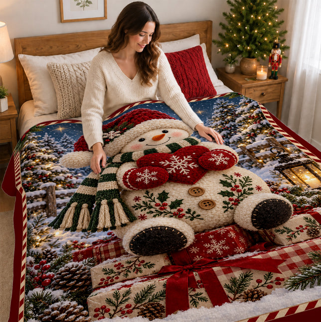Christmas Fleece Blanket with Cozy Snowman Heart