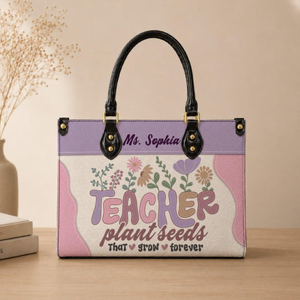 Personalized Teacher Leather Handbag Plant Seeds Floral