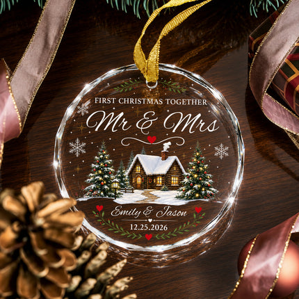 Personalized First Christmas Together Snowy Cabin Couple Glass Ornament