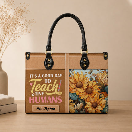 Personalized Teacher Leather Handbag Sunflower Teach Tiny Humans