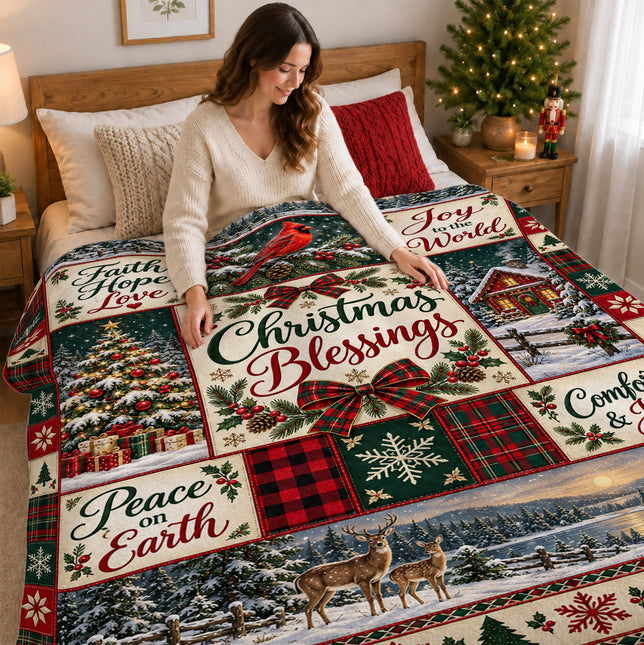 Christmas Blessings Fleece Blanket Faith Hope Love Holiday Patchwork