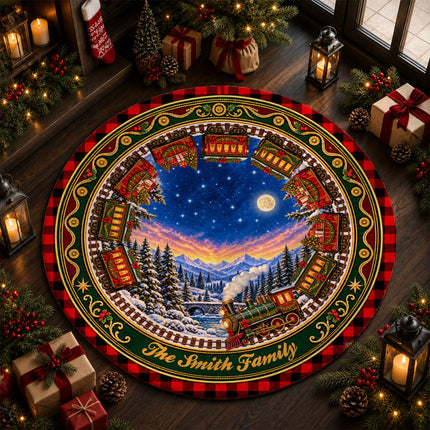 Personalized Christmas Train Doormat Family Name Round Rug