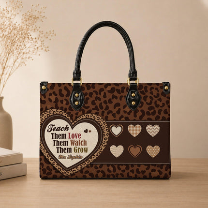 Personalized Teacher Leather Handbag Leopard Print Heart
