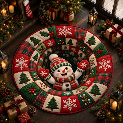 Christmas Round Doormat with Snowman Patchwork Rug