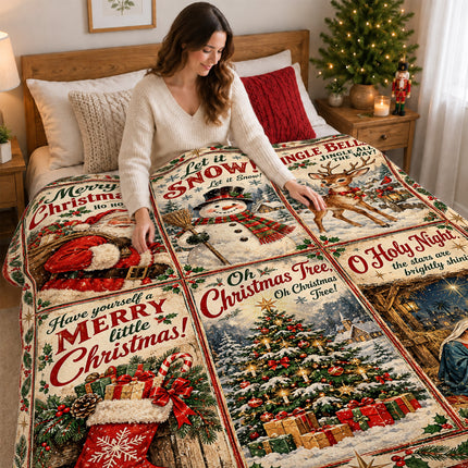 Christmas Nativity Fleece Blanket Vintage Santa Snowman Holiday Scenes