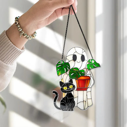 Cute Ghost Plant And Cat ACRYLIC Suncatcher,Ghost Monstra Window Hanging,Hangings Plant Lover Gift,Black Cat Lover,Mom Gift,Halloween Decor - Charming Present