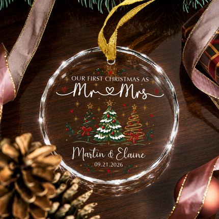 Personalized First Christmas Couple Glass Ornament with Christmas Trees and Hearts