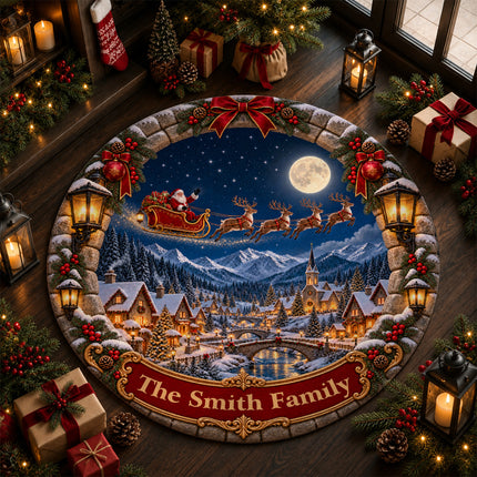 Personalized Santa Sleigh Christmas Round Doormat Snowy Village Family Name Rug