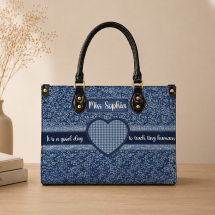Personalized Teacher Leather Handbag Denim Patchwork Cross