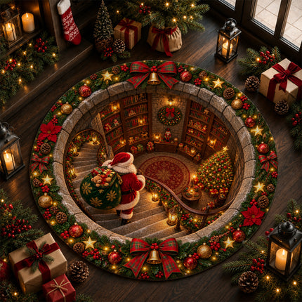 Christmas Round Doormat with Santa Library Scene