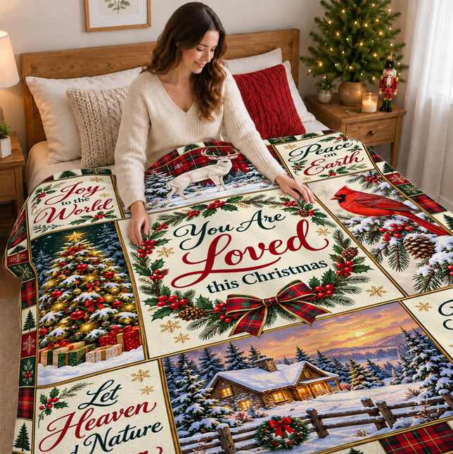 Christian Christmas Fleece Blanket You Are Loved Holiday Patchwork