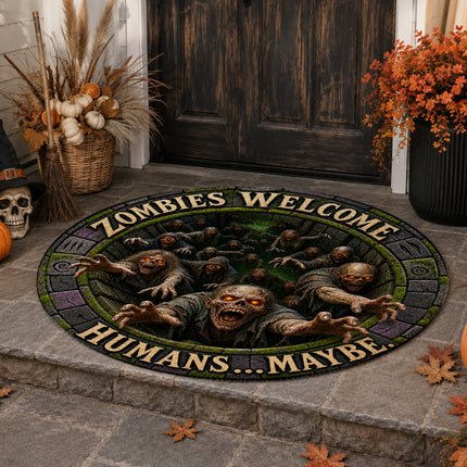 Halloween Round Rug Zombies Welcome Humans Maybe Doormat