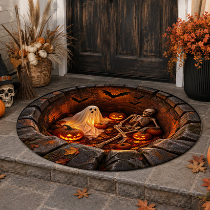 Halloween Round Rug Ghost Skeleton Pumpkin Pit Doormat