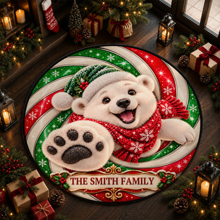 Personalized Christmas Doormat Cute Polar Bear Family Name Round Rug