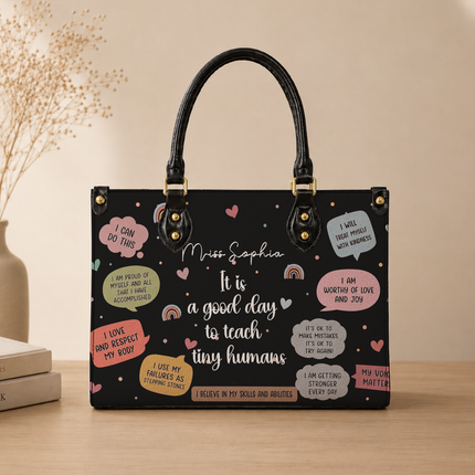 Personalized Teacher Leather Handbag Black Affirmations