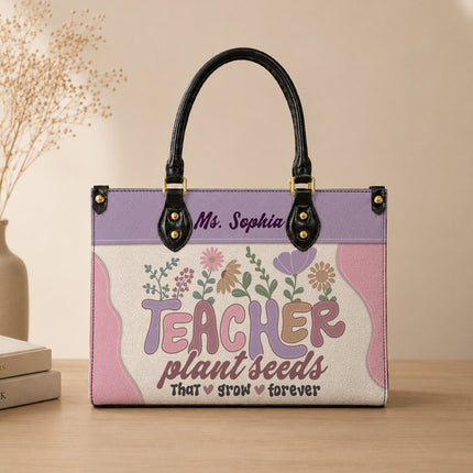 Personalized Teacher Leather Handbag Plant Seeds Floral
