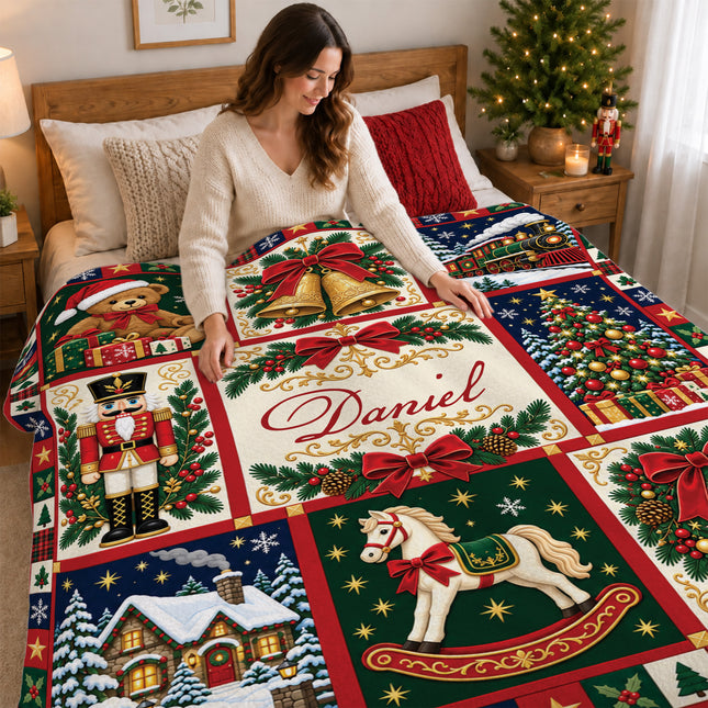 Personalized Christmas Fleece Blanket Nutcracker Holiday Patchwork