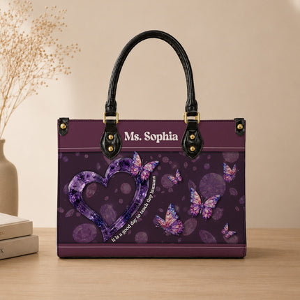 Personalized Teacher Leather Handbag Purple Gemstone Heart