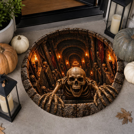 Halloween Skeleton Dungeon Round Rug 3D Skull Horror Doormat
