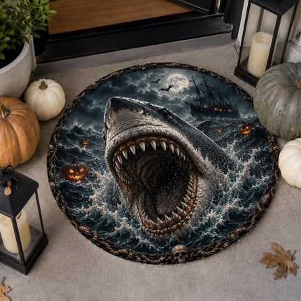 Halloween Shark Round Rug Haunted Ocean Pirate Ship Doormat