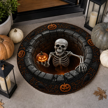 Halloween Round Rug Skeleton Pumpkin 3D Illusion Doormat