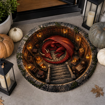 Halloween Round Rug Red Dragon Dungeon 3D Fantasy Doormat