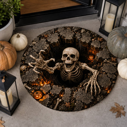 Halloween Skeleton Grave Pit Round Rug 3D Creepy Skull Doormat